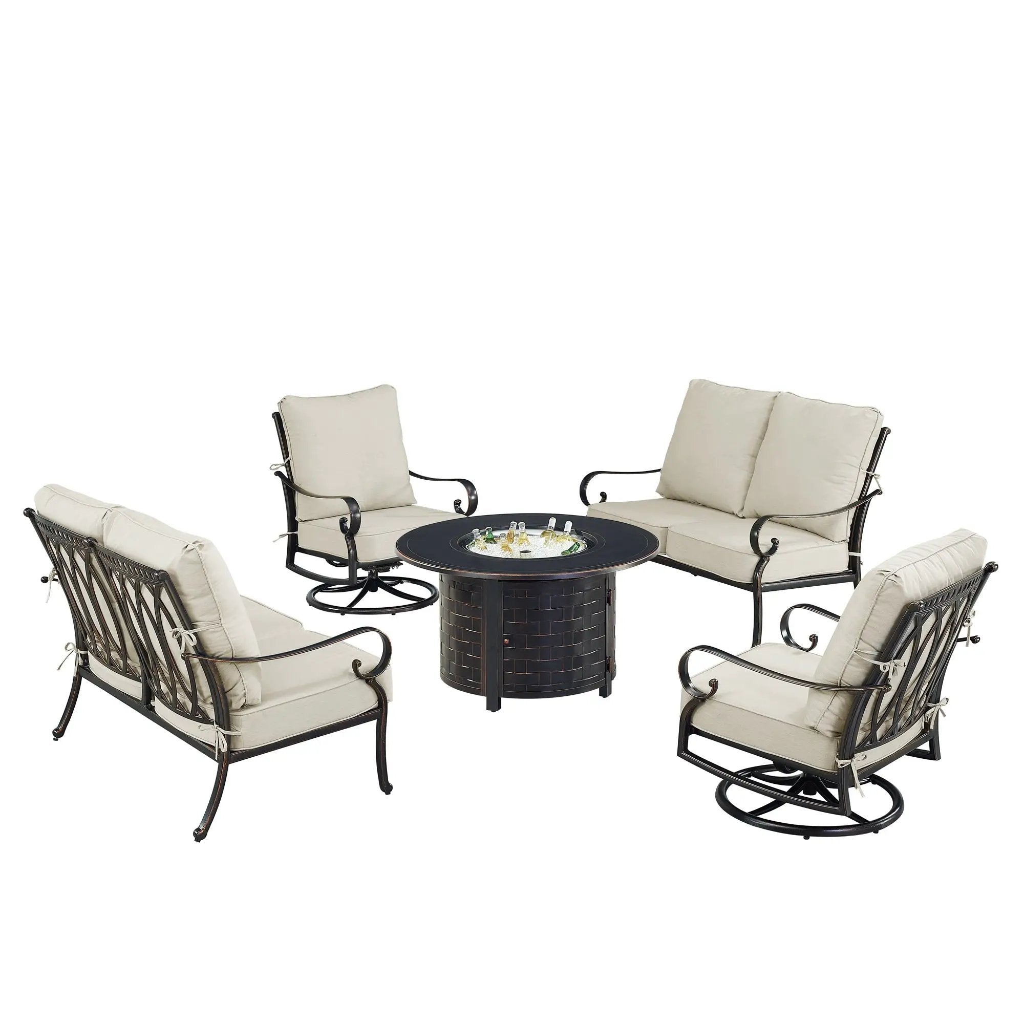 Black Aluminum Fire Table Set with Two Loveseats and Two Club Chairs by Sharicks