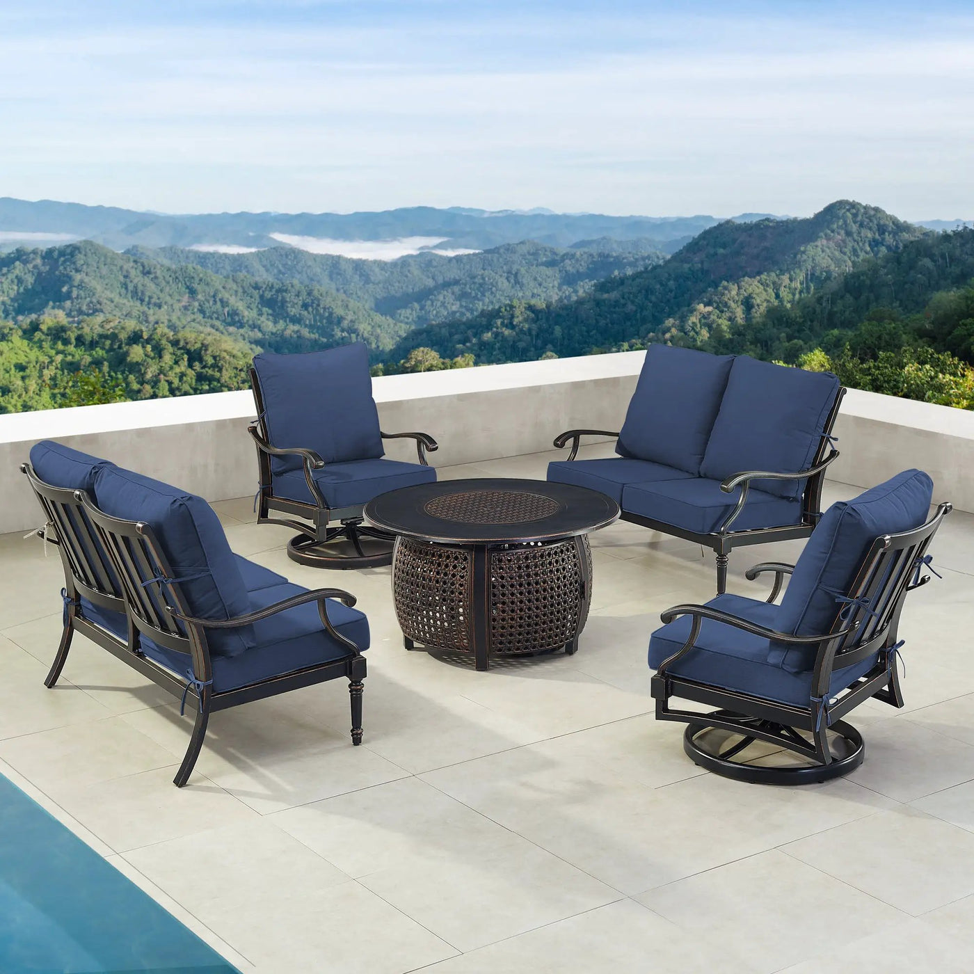 Black Aluminum Fire Table Set with Two Loveseats and Two Club Chairs by Sharicks