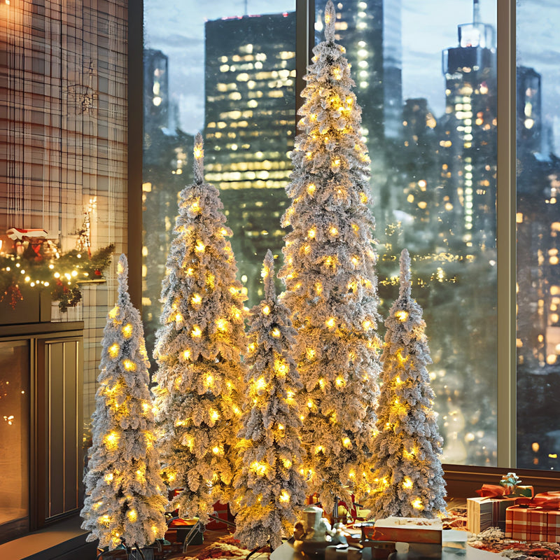 5-Piece Pre-Lit Pencil Christmas Tree Set, 4ft/6ft/8ft, Snow-Flocked, 350 LED Lights