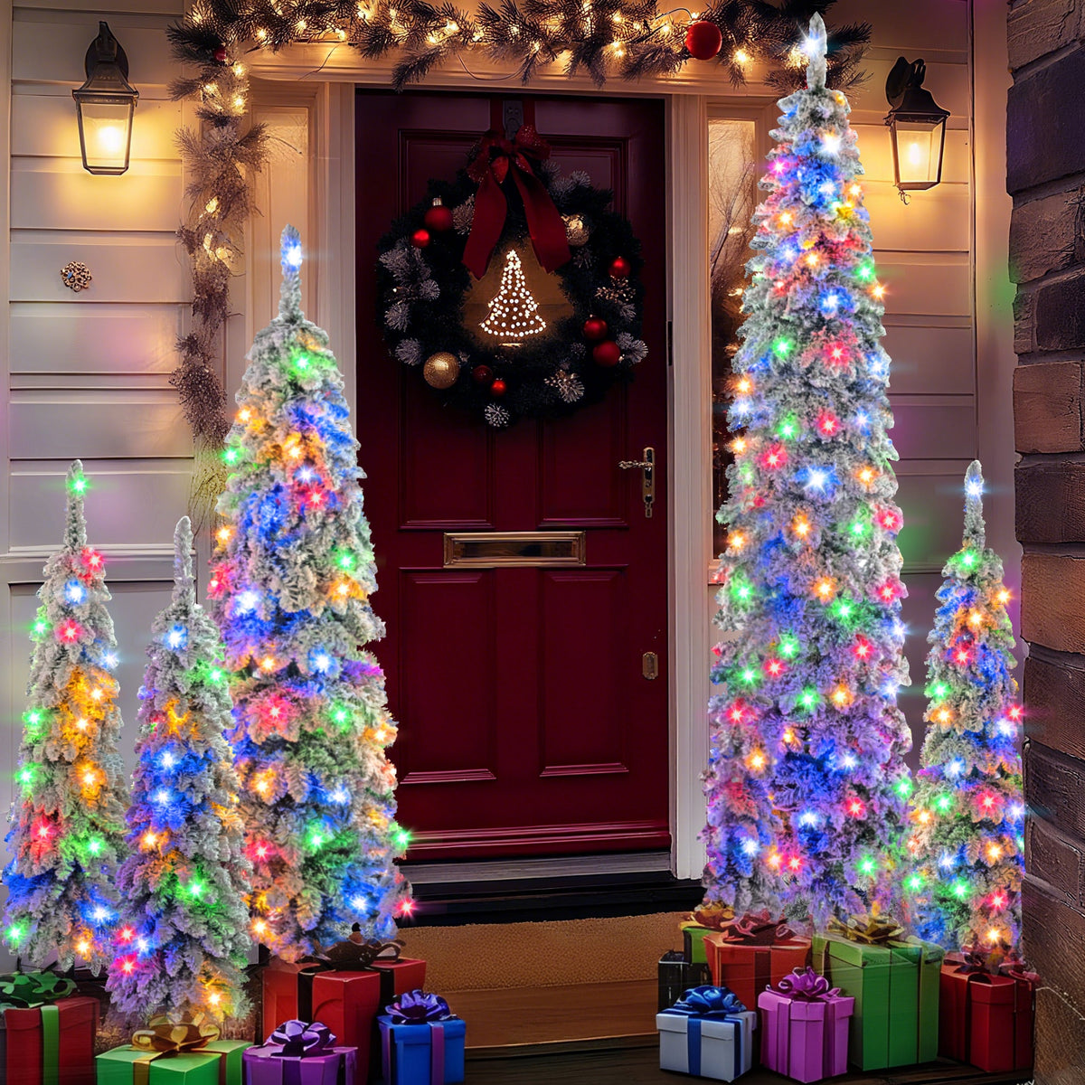5-Piece Pre-Lit Pencil Christmas Tree Set, 4ft/6ft/8ft, Snow-Flocked, 350 LED Lights, photo 2 of 10