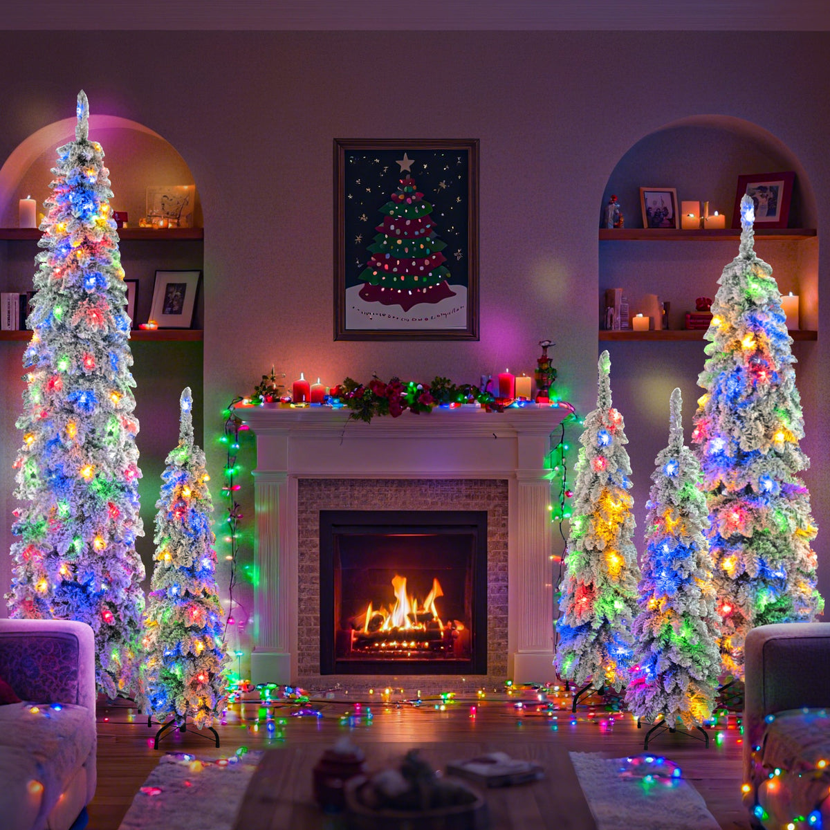 5-Piece Pre-Lit Pencil Christmas Tree Set, 4ft/6ft/8ft, Snow-Flocked, 350 LED Lights, photo 3 of 10