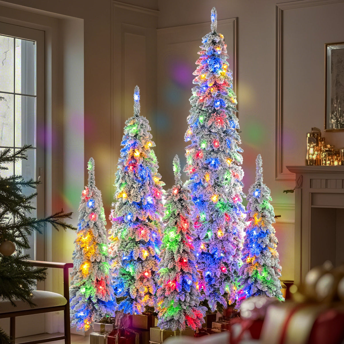 5-Piece Pre-Lit Pencil Christmas Tree Set, 4ft/6ft/8ft, Snow-Flocked, 350 LED Lights, photo 4 of 10