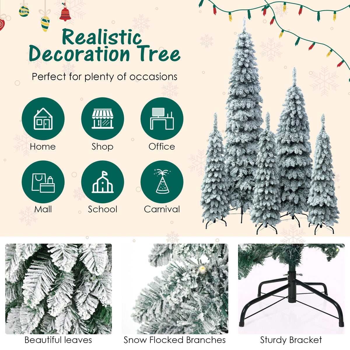 5-Piece Pre-Lit Pencil Christmas Tree Set, 4ft/6ft/8ft, Snow-Flocked, 350 LED Lights, photo 6 of 10