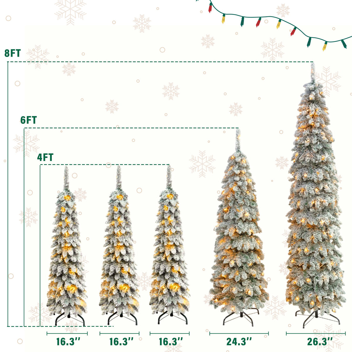 5-Piece Pre-Lit Pencil Christmas Tree Set, 4ft/6ft/8ft, Snow-Flocked, 350 LED Lights, photo 8 of 10