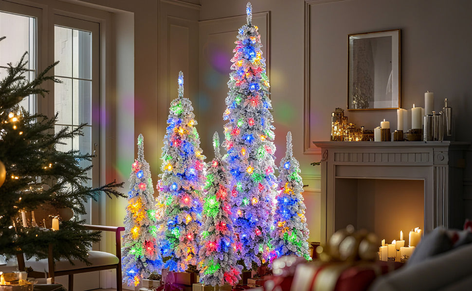 5-Piece Pre-Lit Pencil Christmas Tree Set, 4ft/6ft/8ft, Snow-Flocked, 350 LED Lights, photo 9 of 10