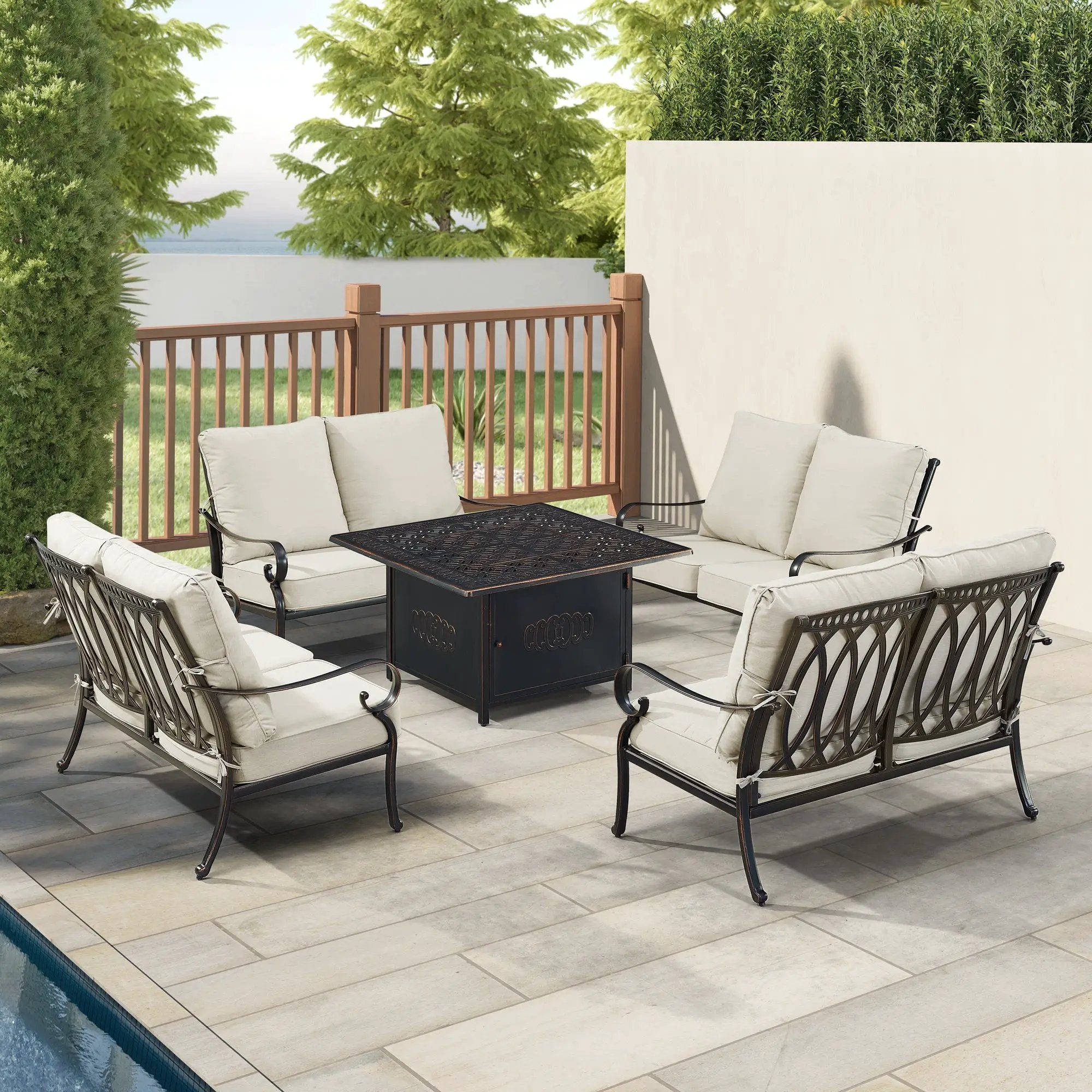 Black Aluminum Fire Table Set with Four Deep Seating Loveseats by Sharicks