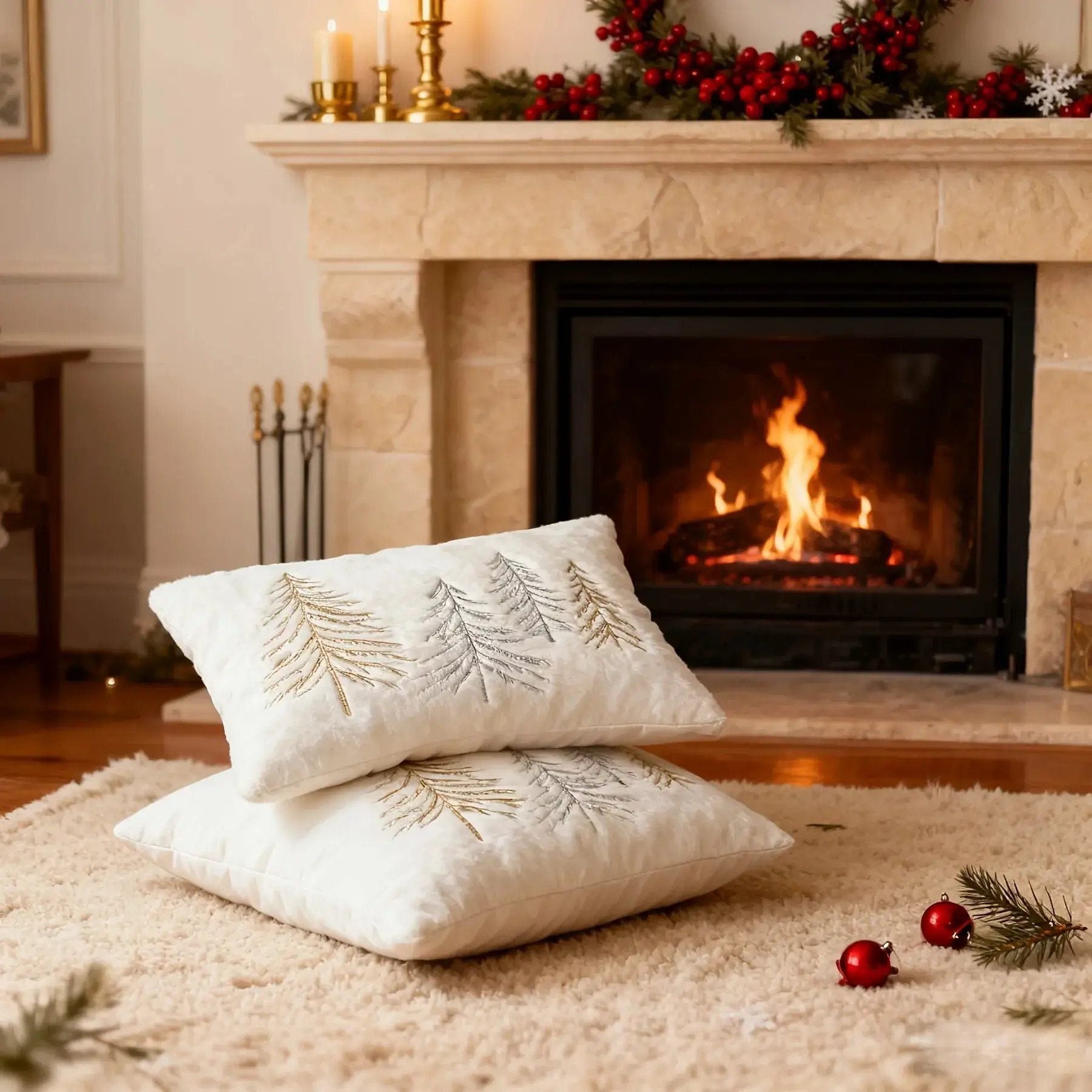 Gold Embroidered Christmas Tree Pillow Cover - Luxury Velvet Decorative Pillowcase by House Of Avana