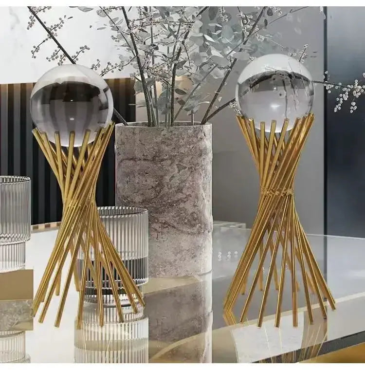 Geometric Crystal Ball Statue with Gold Twisted Rods for Your Desk by House Of Avana