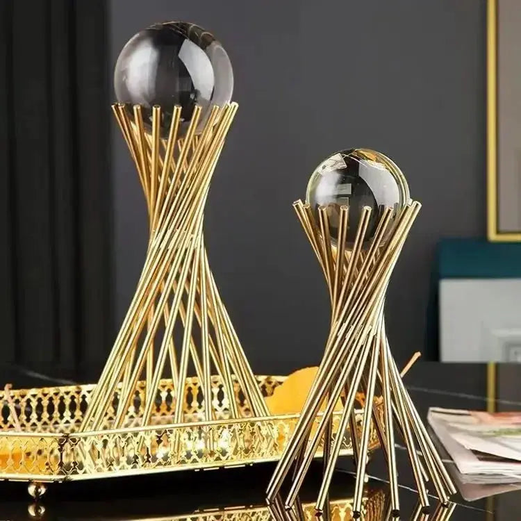 Geometric Crystal Ball Statue with Gold Twisted Rods for Your Desk by House Of Avana
