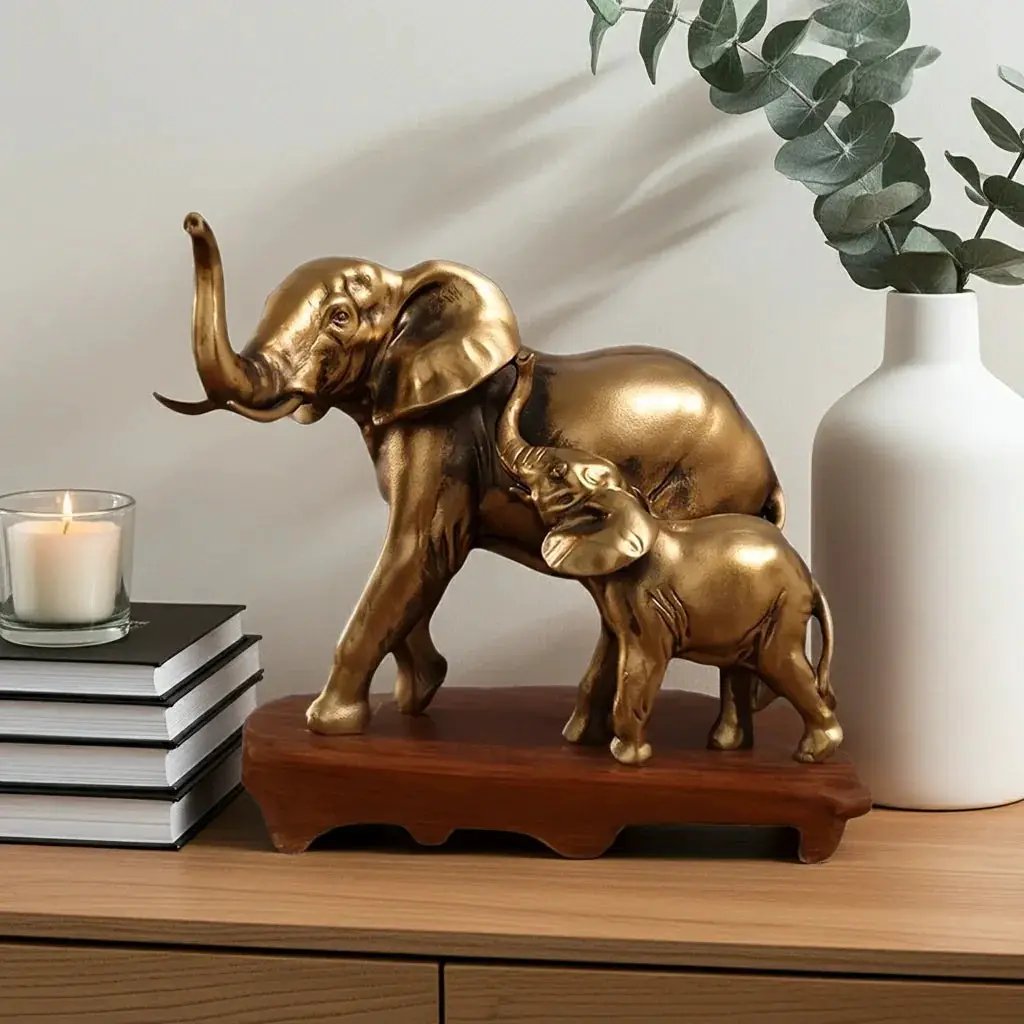 Golden Elephant Mother and Baby Family Figurine Sculpture by House Of Avana