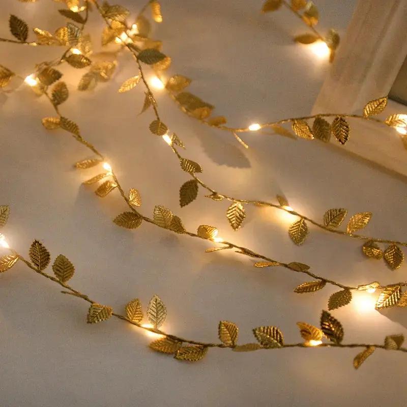 Golden Fairy Lights Garland Battery Operated with Leaves by House Of Avana