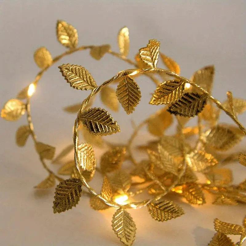 Golden Fairy Lights Garland Battery Operated with Leaves by House Of Avana