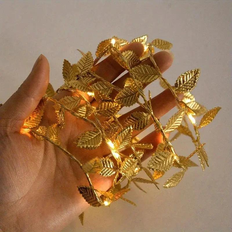 Golden Fairy Lights Garland Battery Operated with Leaves by House Of Avana