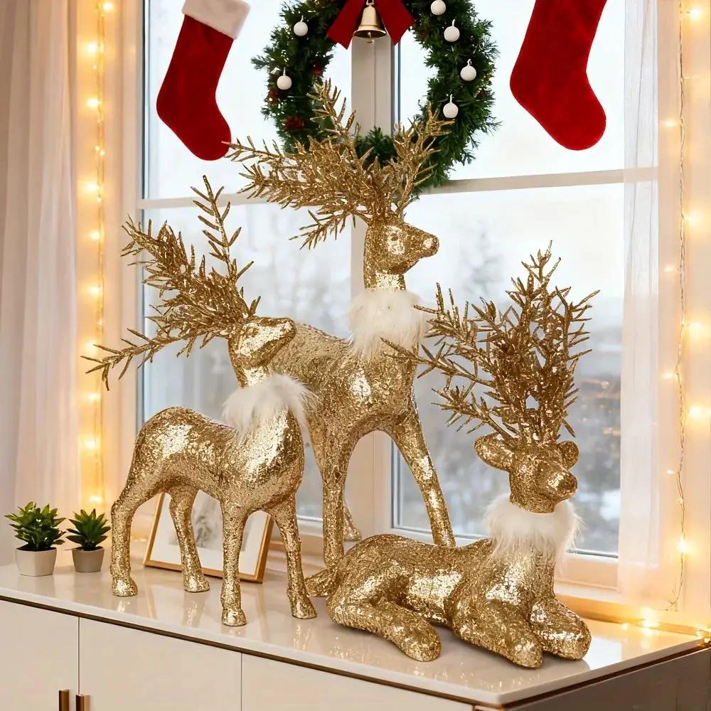 Golden Reindeer Statue Set of 3 with Christmas Theme by House Of Avana