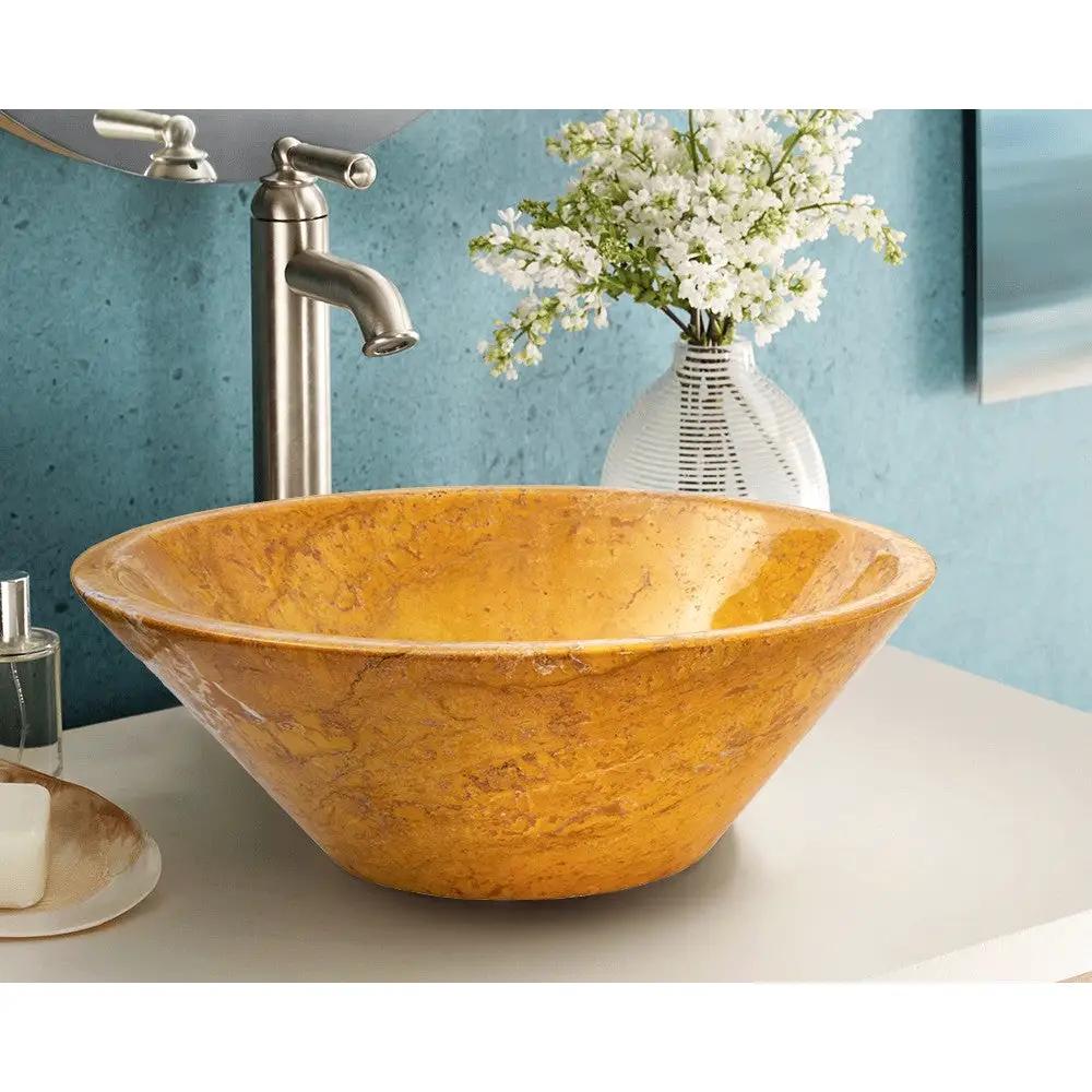 Golden Sienna Travertine V-Shaped Vessel Sink - Polished 16 Inch Diameter 6 Inch Height by GobekDesign