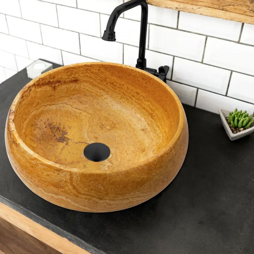 Golden Sienna Travertine Natural Stone Vessel Sink - Filled and Polished 16x6 in by GobekDesign