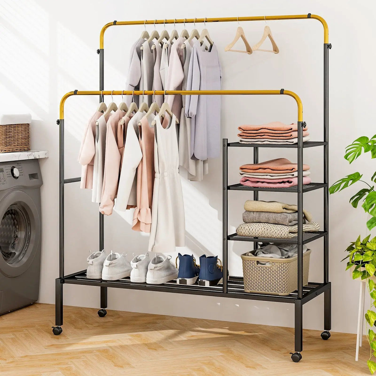 Rolling Double Rods Garment Rack with Height Adjustable Hanging Bars by DirectDeals