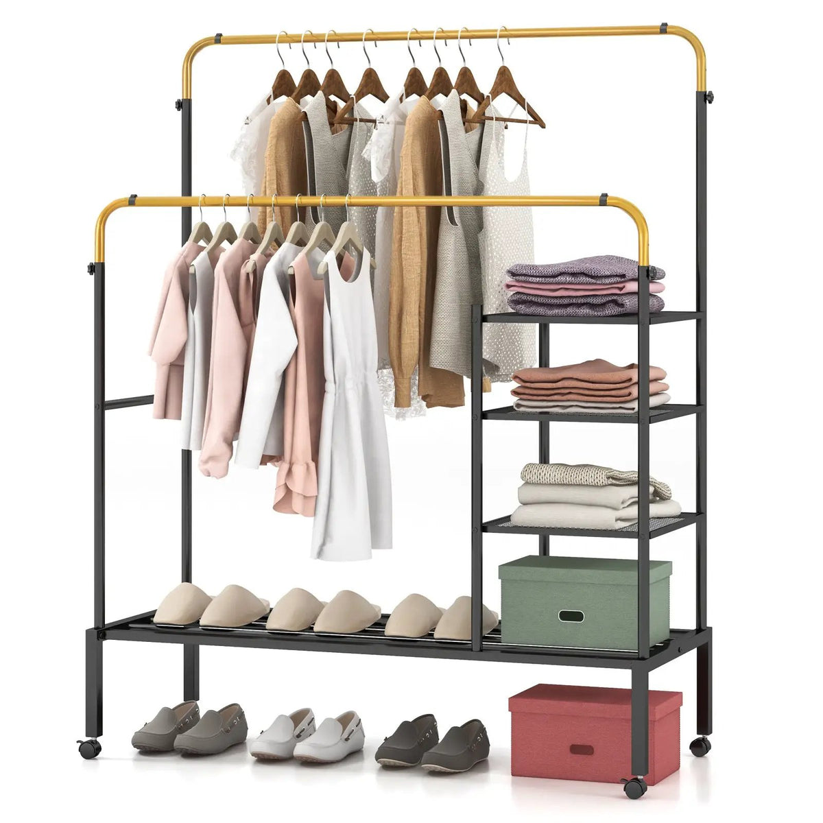 Rolling Double Rods Garment Rack with Height Adjustable Hanging Bars by DirectDeals
