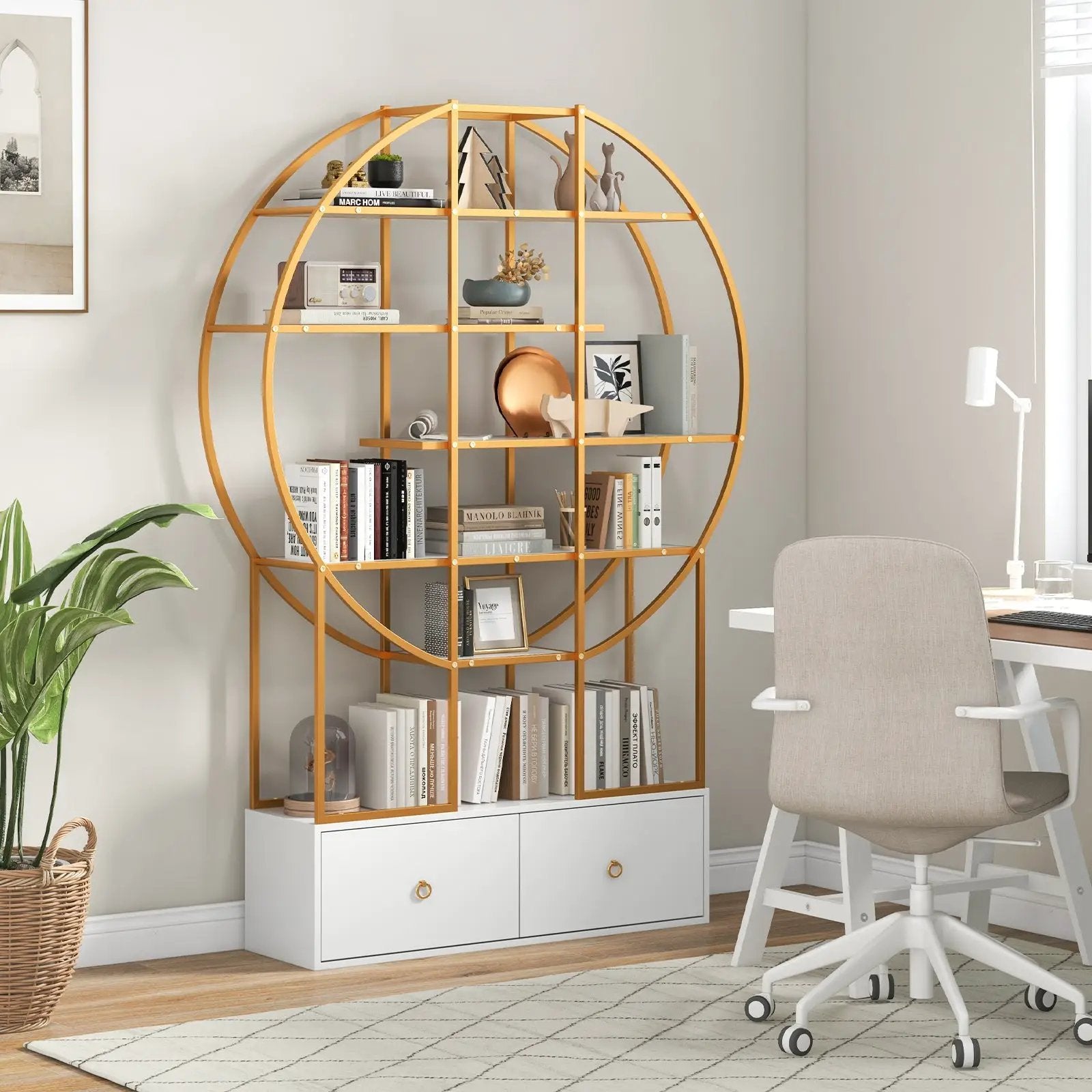 71 Inches 6-Tier Gold Bookshelf with 2 Storage Drawers-Golden by DirectDeals