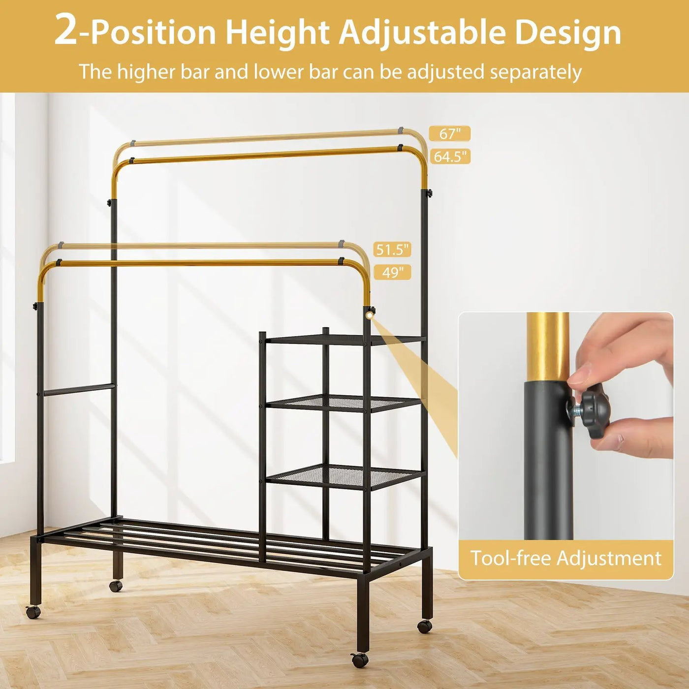 Rolling Double Rods Garment Rack with Height Adjustable Hanging Bars by DirectDeals
