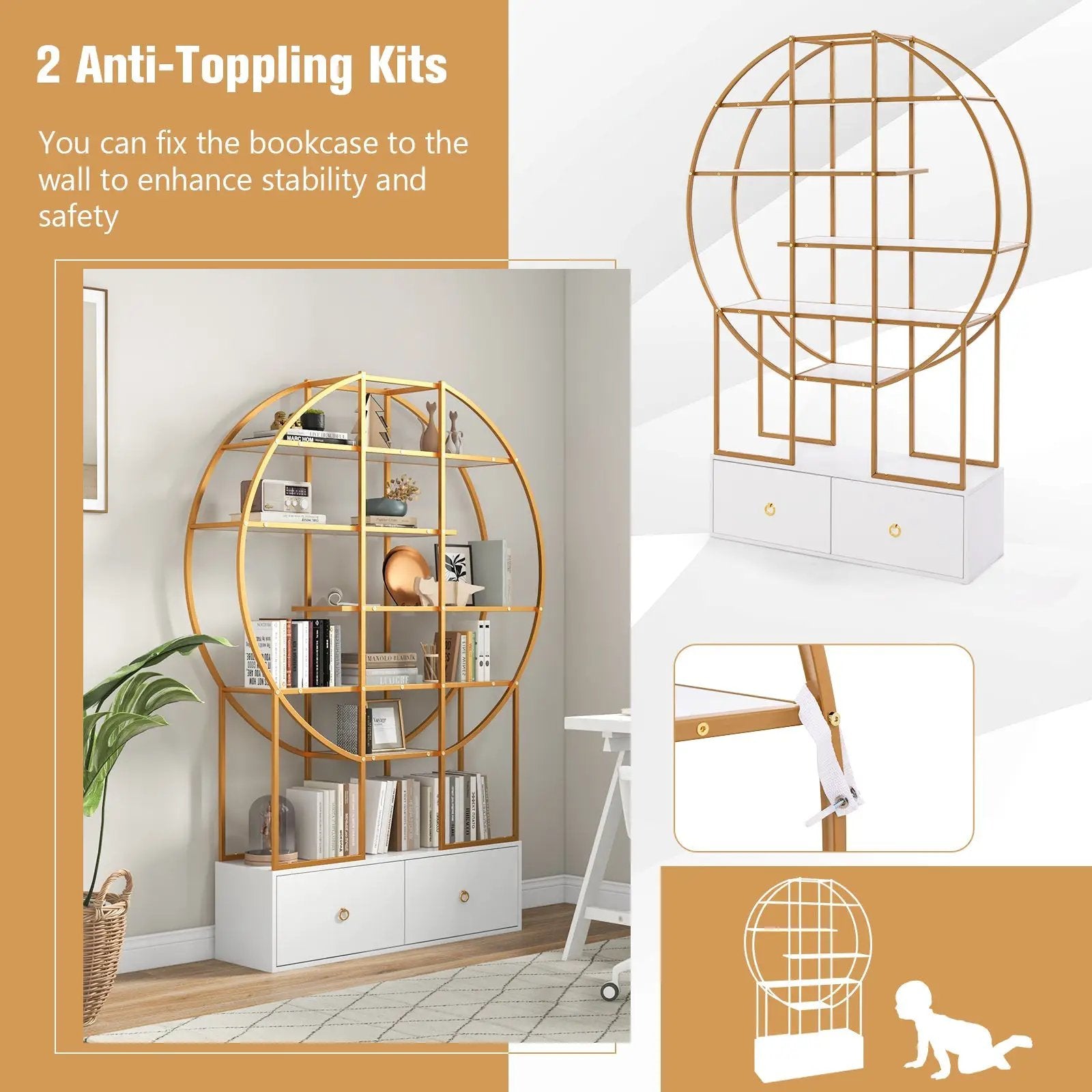 71 Inches 6-Tier Gold Bookshelf with 2 Storage Drawers-Golden by DirectDeals