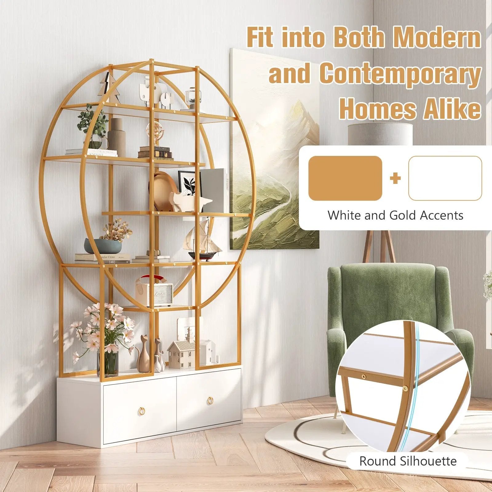 71 Inches 6-Tier Gold Bookshelf with 2 Storage Drawers-Golden by DirectDeals