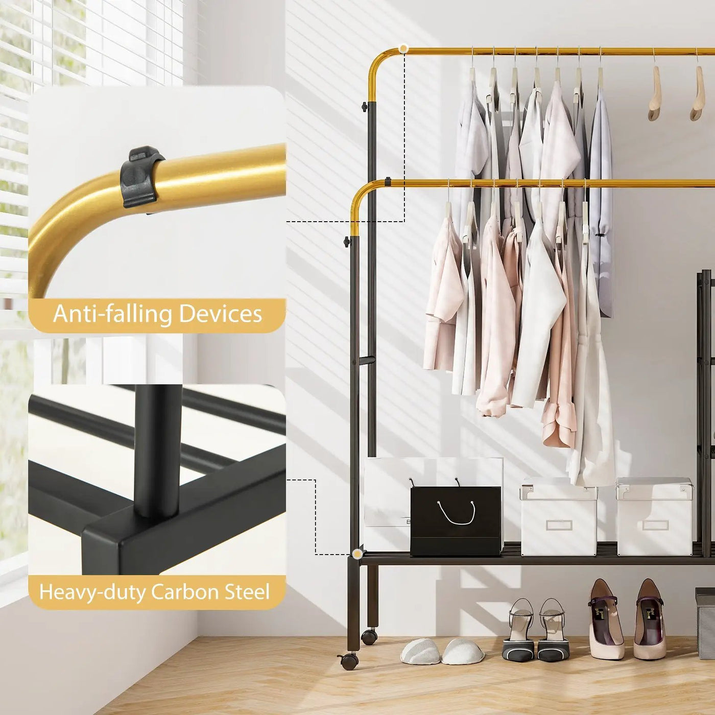 Rolling Double Rods Garment Rack with Height Adjustable Hanging Bars by DirectDeals