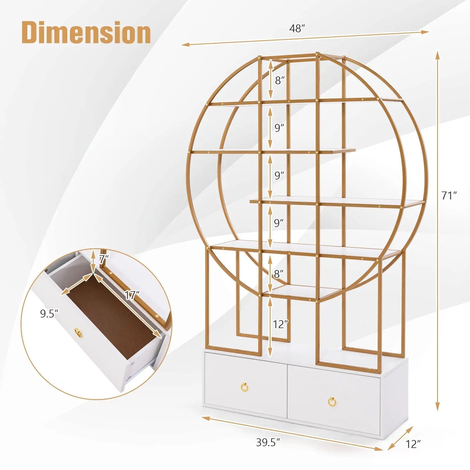 71 Inches 6-Tier Gold Bookshelf with 2 Storage Drawers-Golden by DirectDeals