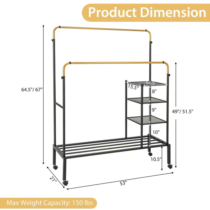 Rolling Double Rods Garment Rack with Height Adjustable Hanging Bars by DirectDeals