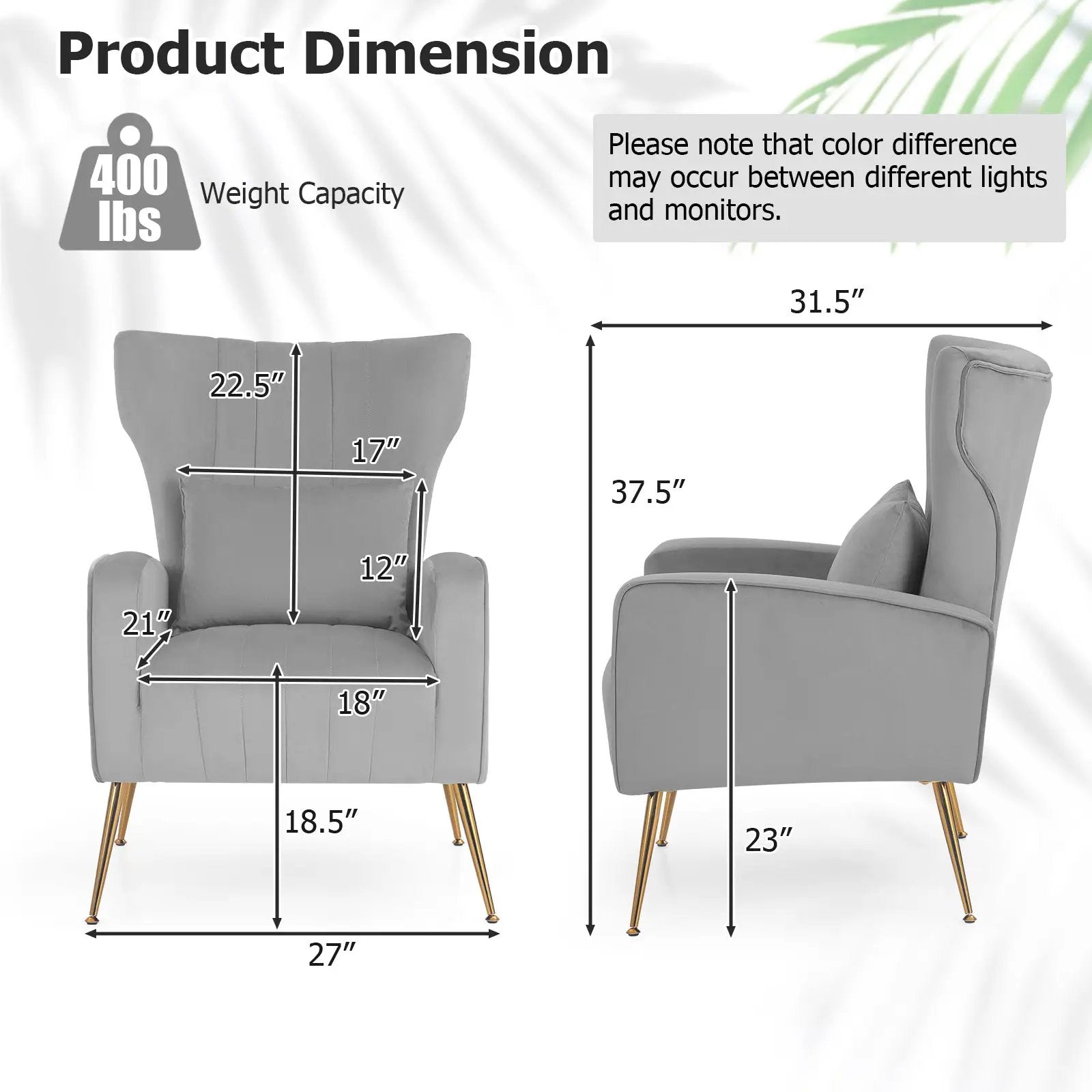 Velvet Upholstered Wingback Chair with Lumbar Pillow and Golden Metal Legs by DirectDeals