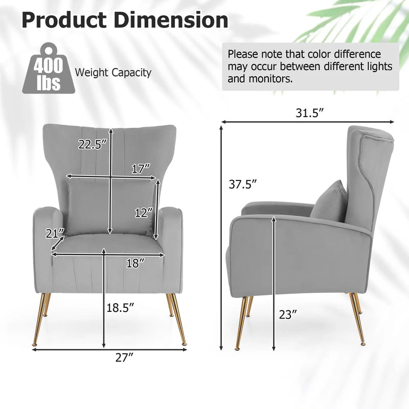 Velvet Upholstered Wingback Chair with Lumbar Pillow and Golden Metal Legs by DirectDeals