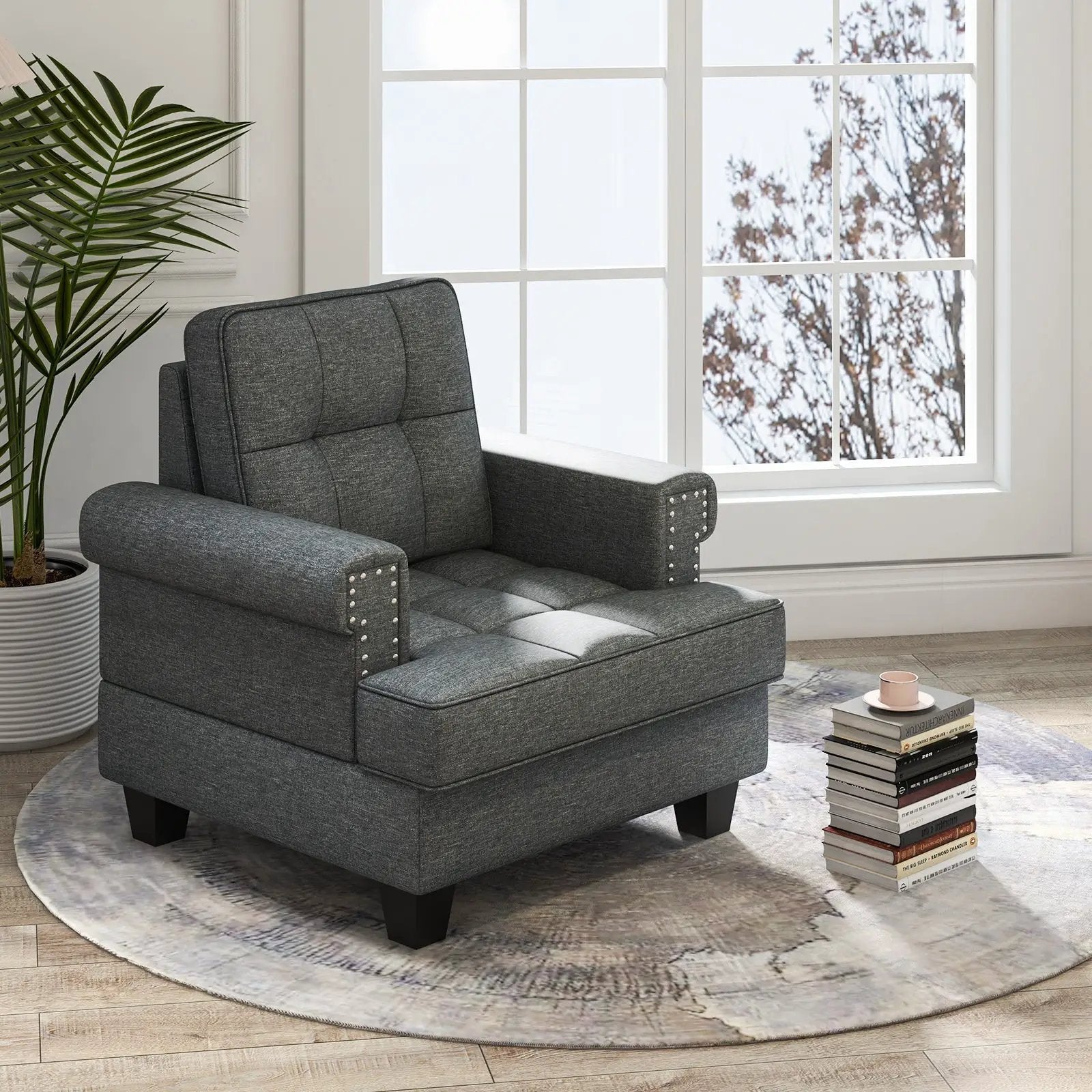 Mid-century Modern Accent Armchair Tufted Linen Club Chair by DirectDeals