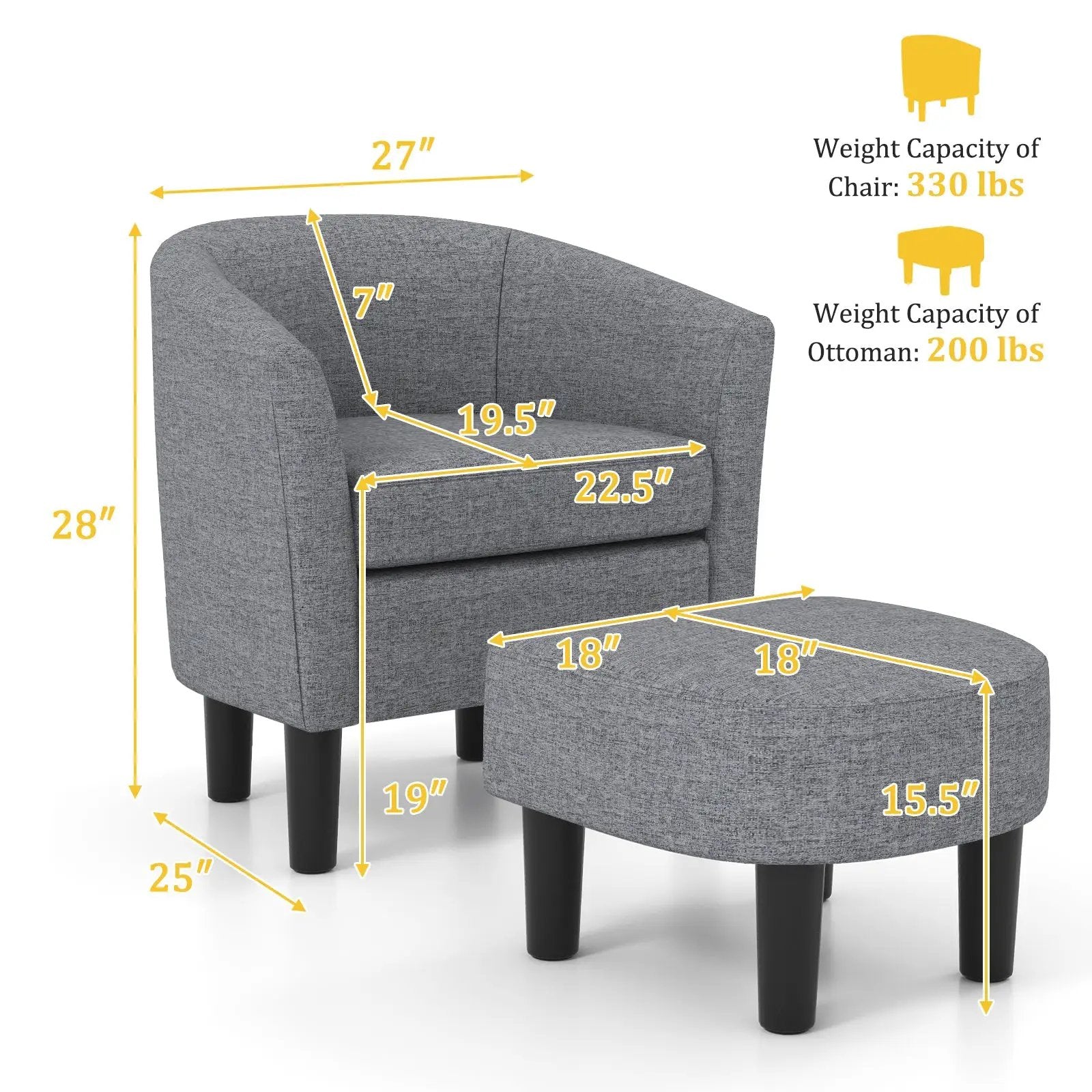 Barrel Club Chair with Ottoman Set Linen Fabric Accent Chair with Footrest by DirectDeals