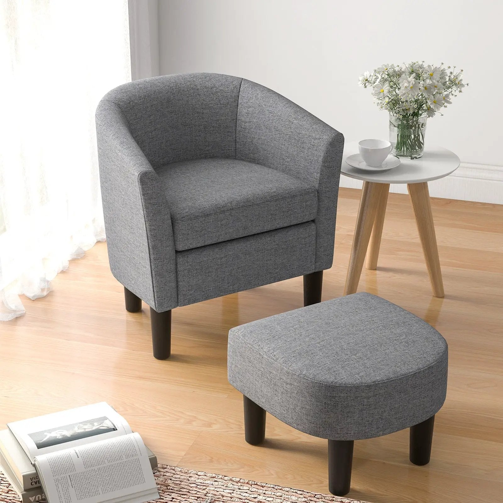 Barrel Club Chair with Ottoman Set Linen Fabric Accent Chair with Footrest by DirectDeals