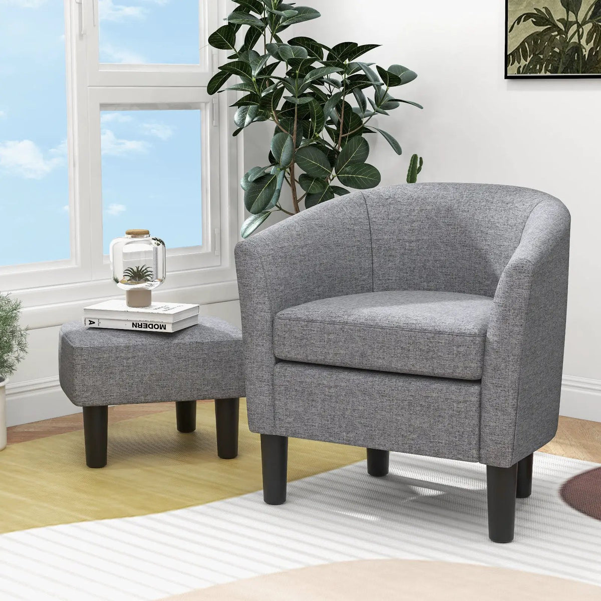 Barrel Club Chair with Ottoman Set Linen Fabric Accent Chair with Footrest by DirectDeals