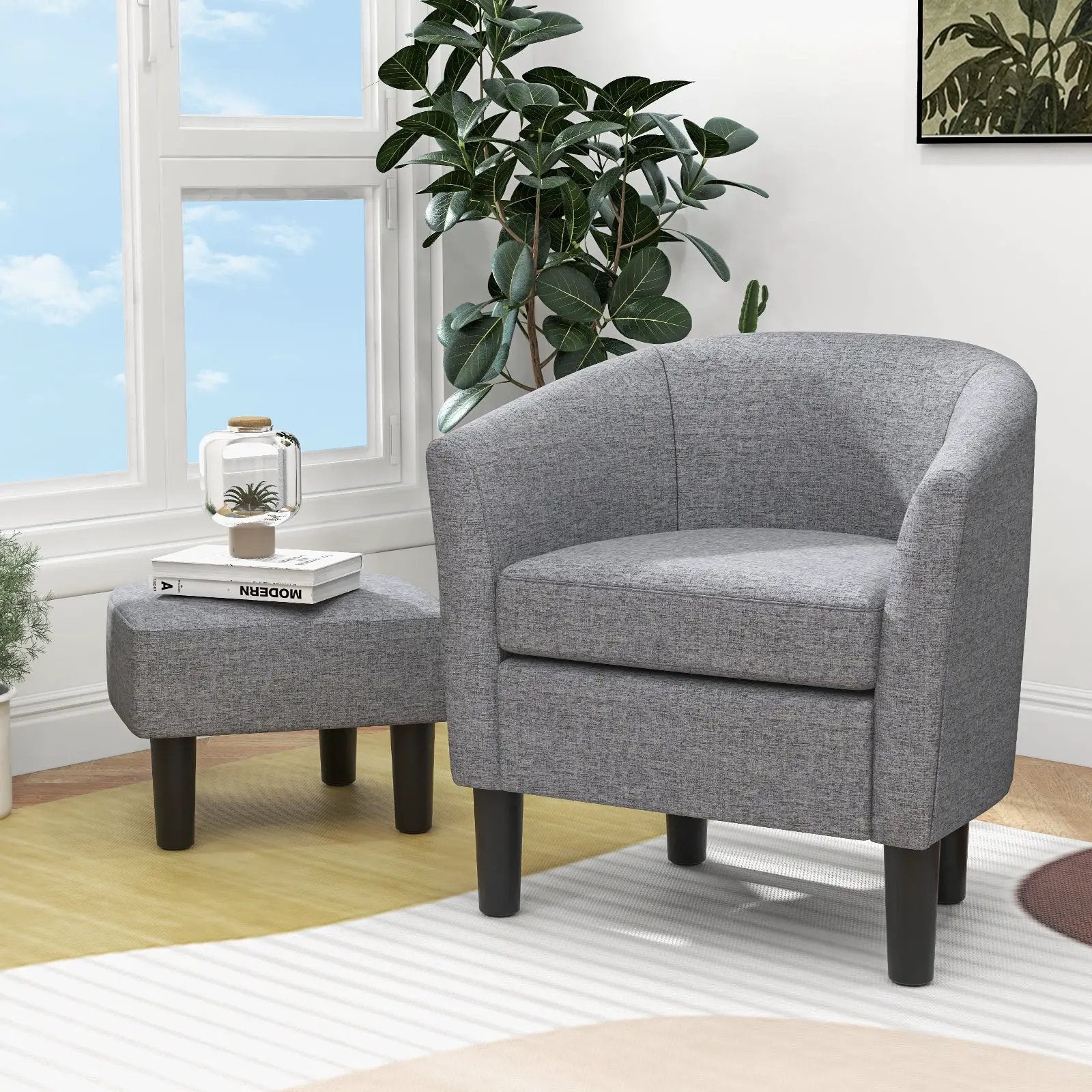 Barrel Club Chair with Ottoman Set Linen Fabric Accent Chair with Footrest by DirectDeals