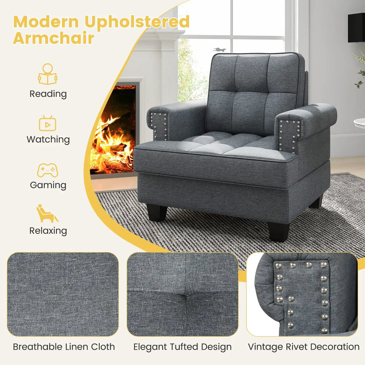 Mid-century Modern Accent Armchair Tufted Linen Club Chair by DirectDeals