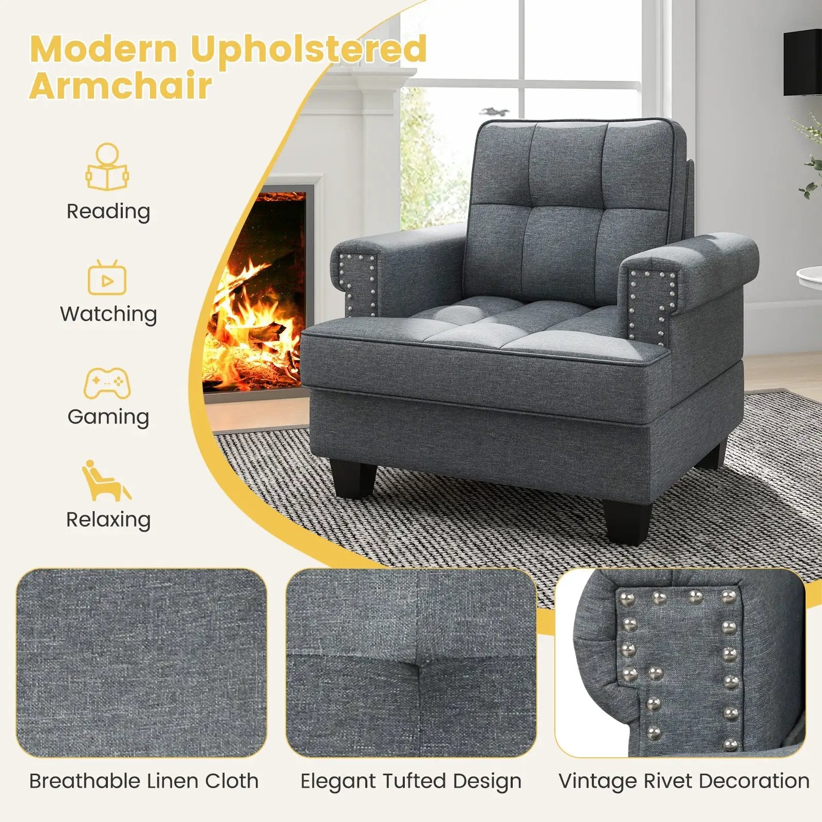 Mid-century Modern Accent Armchair Tufted Linen Club Chair by DirectDeals