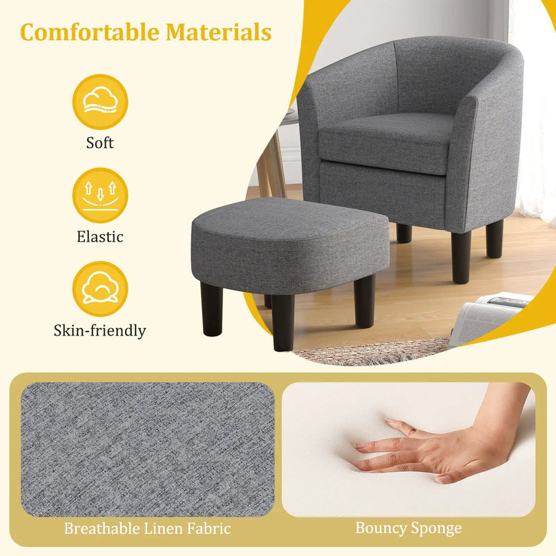 Barrel Club Chair with Ottoman Set Linen Fabric Accent Chair with Footrest by DirectDeals