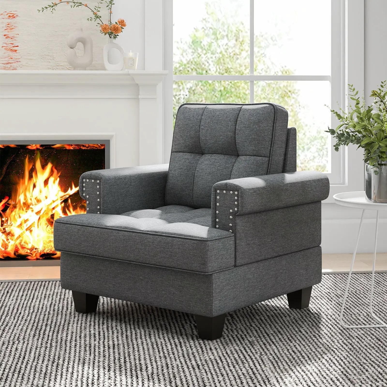 Mid-century Modern Accent Armchair Tufted Linen Club Chair by DirectDeals