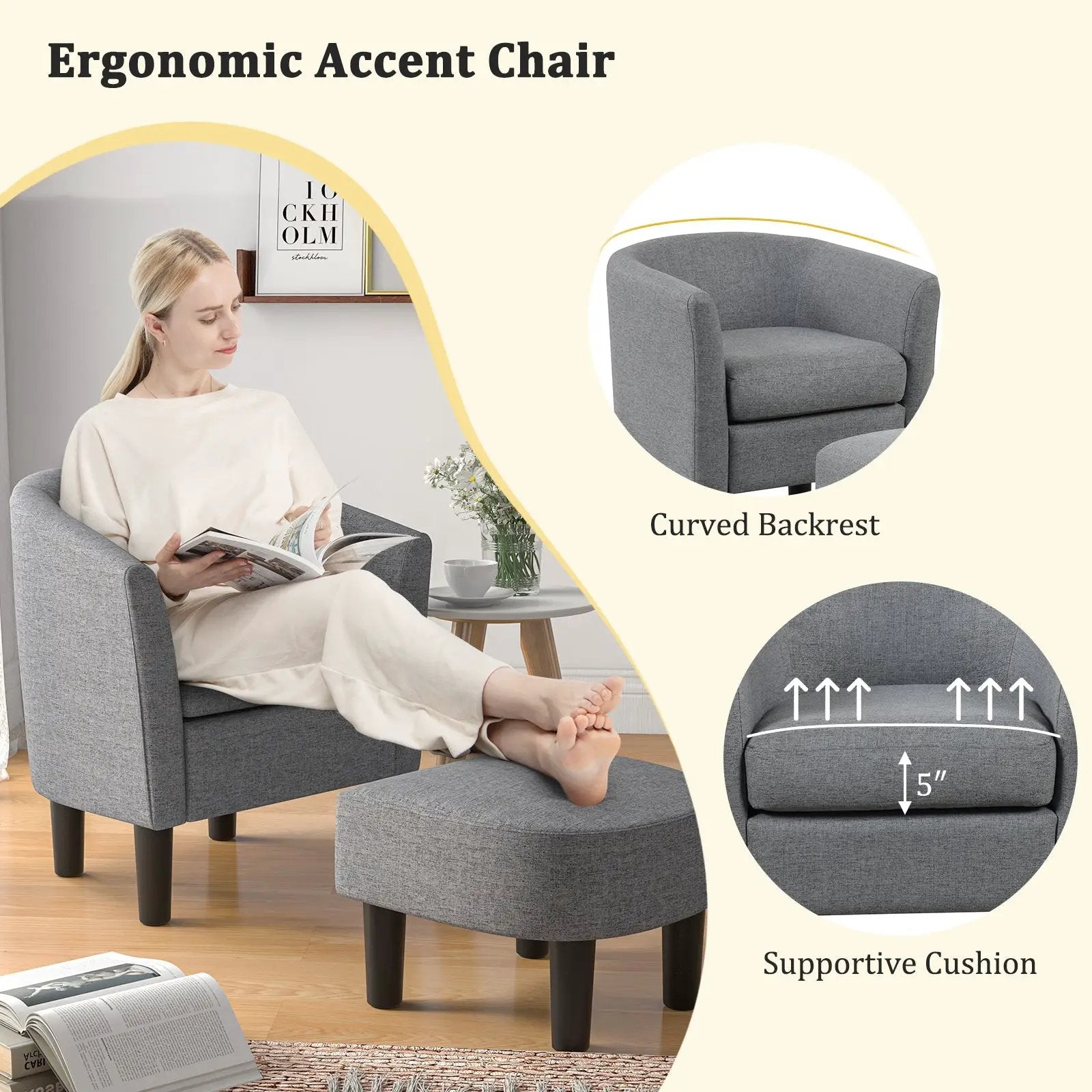 Barrel Club Chair with Ottoman Set Linen Fabric Accent Chair with Footrest by DirectDeals