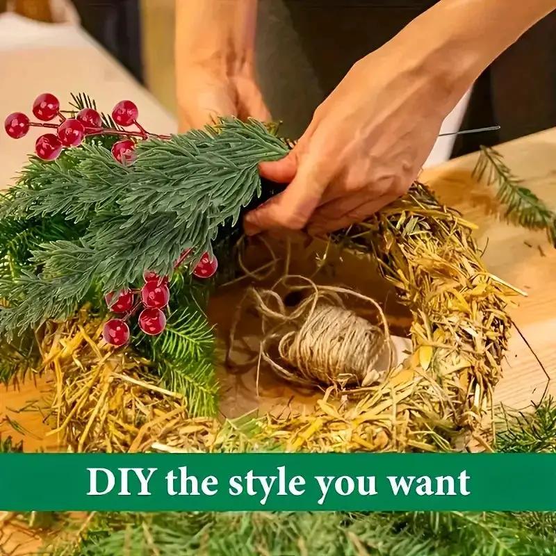 Green Plastic Pine Branches with Red Berries for Christmas Decor by House Of Avana