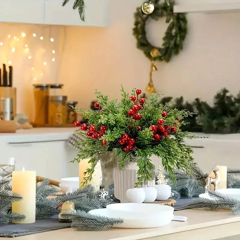Green Plastic Pine Branches with Red Berries for Christmas Decor by House Of Avana