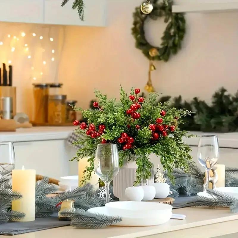 Green Plastic Pine Branches with Red Berries for Christmas Decor by House Of Avana