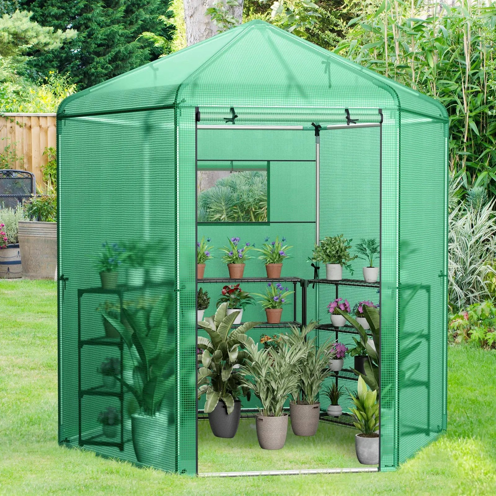 Walk-In Hexagonal Greenhouse with PE Cover and Metal Frame by DirectDeals