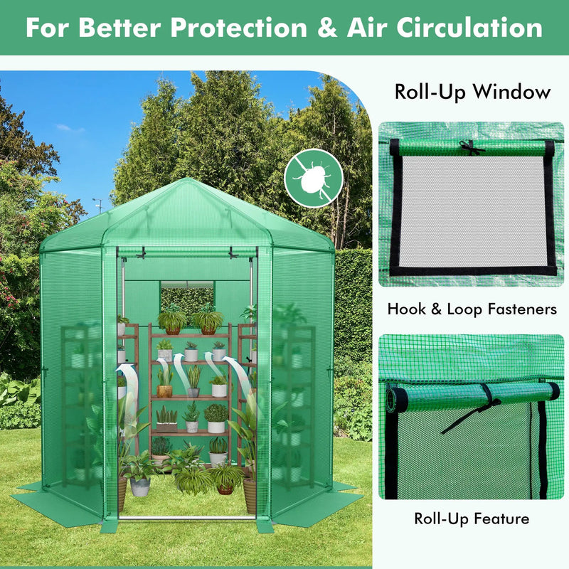 Walk-In Hexagonal Greenhouse with PE Cover and Metal Frame by DirectDeals