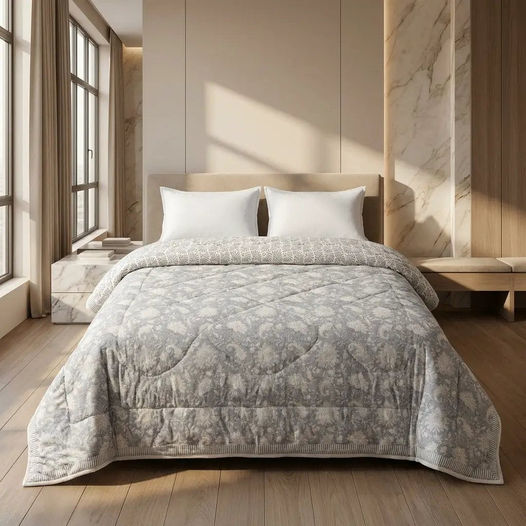 House of Avana Soft Grey & Cream Floral Jaipur Indian Hand Block Print Quilted Comforter by House Of Avana