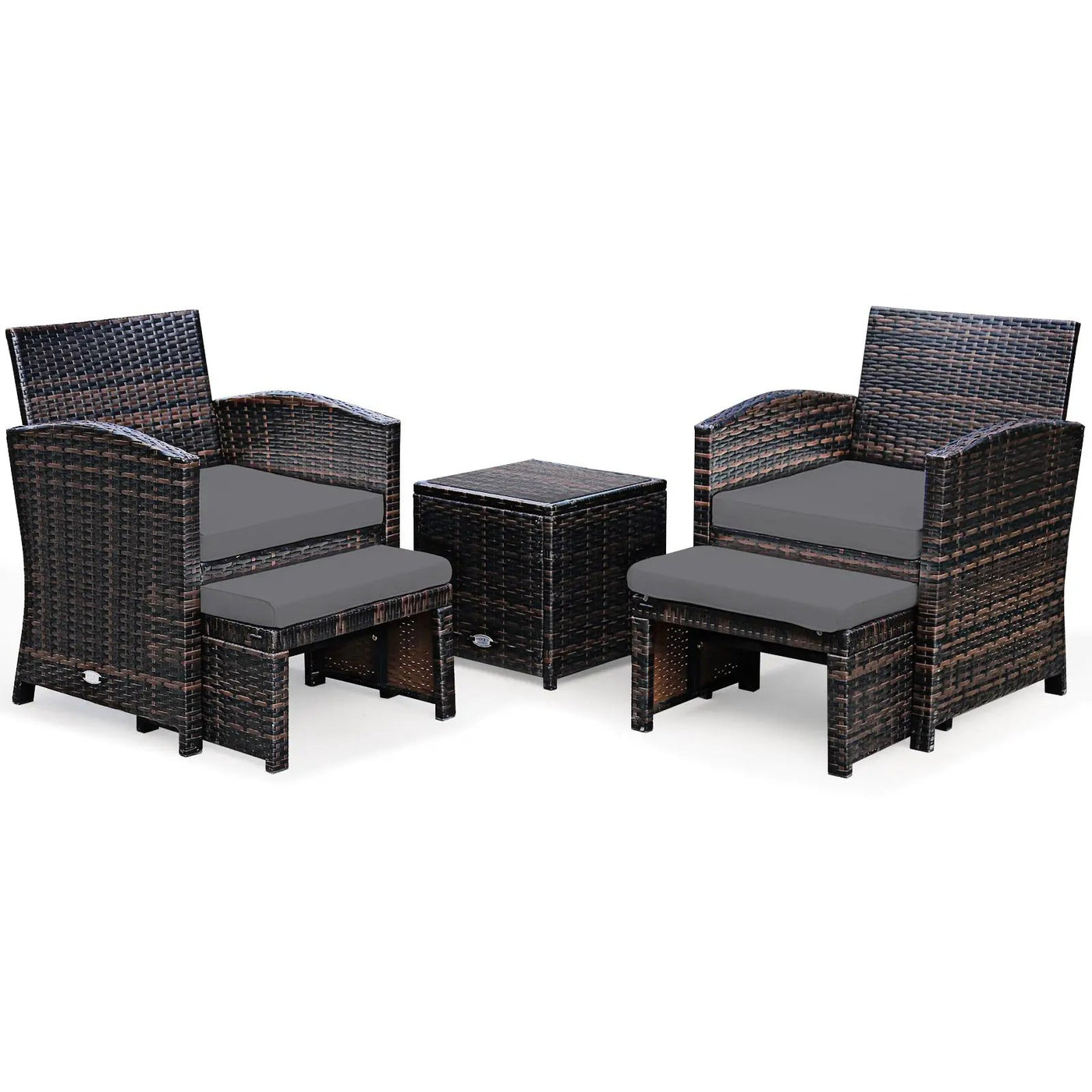 5 Pieces Patio Rattan Furniture Set with Ottoman and Tempered Glass Coffee Table-Gray by DirectDeals