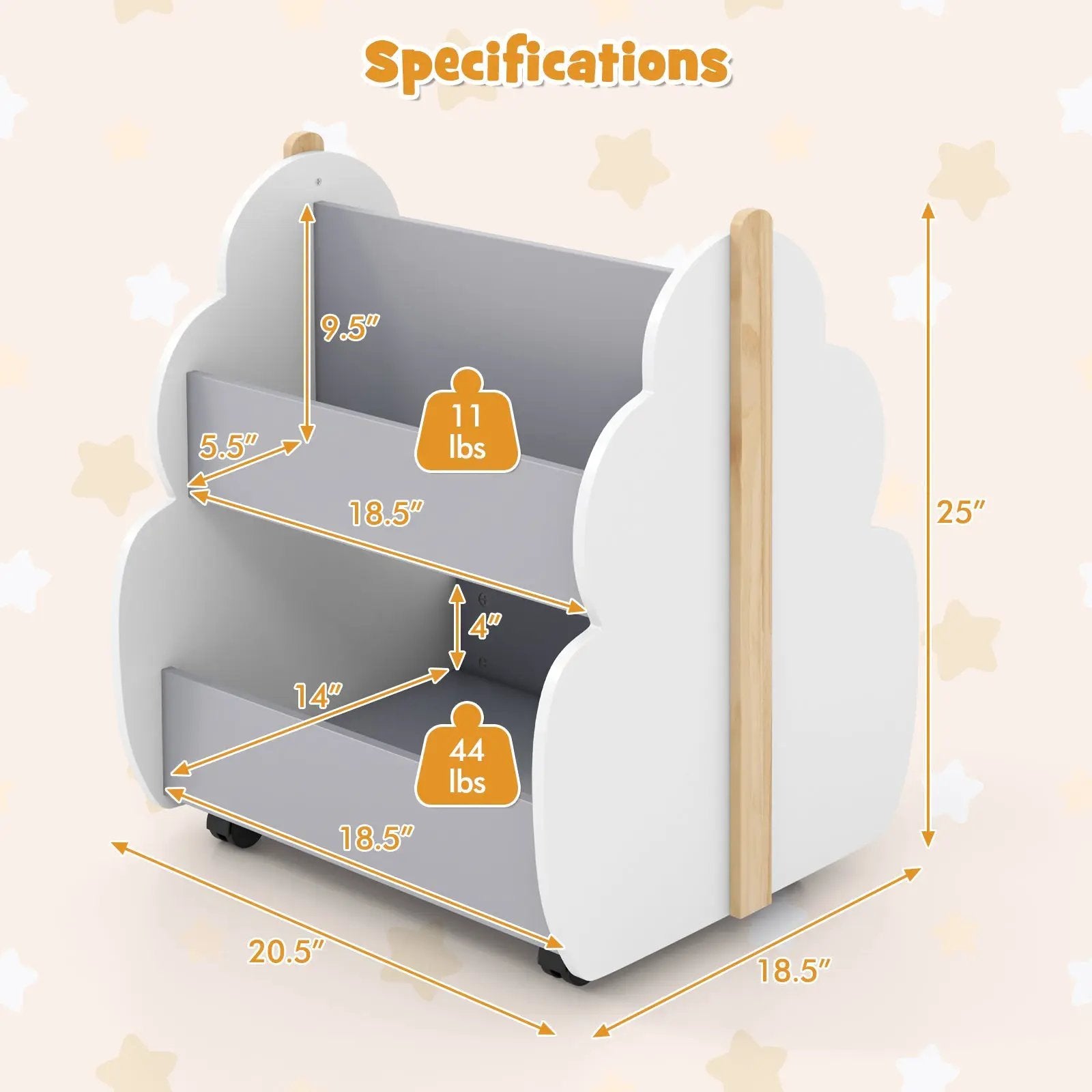 Kids Wooden Bookshelf with Universal Wheels by DirectDeals