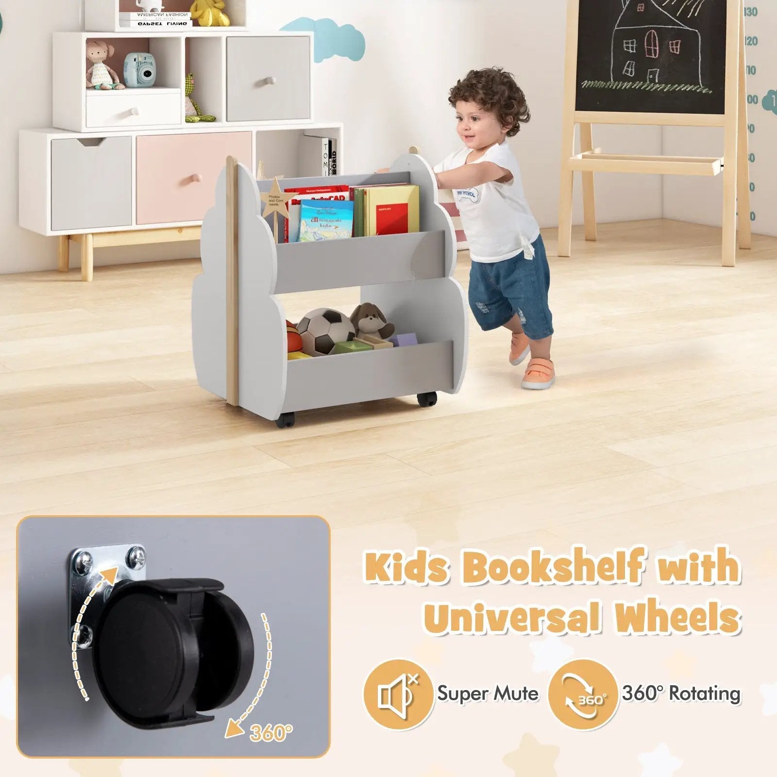 Kids Wooden Bookshelf with Universal Wheels by DirectDeals